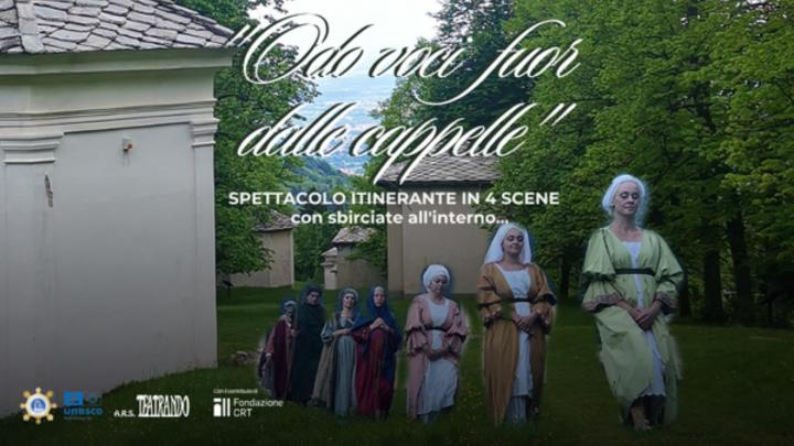 Banner dello spettacolo dal sito del Santuario di oropa Foto di donne in abiti antichi che salgono lungo un prato tra le cappelle del Sacro Monte di oropa, titolo e loghi