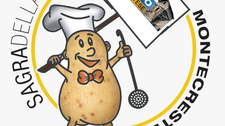 Particolare del logo dal profilo Facebook della sagra Disegno di una patata personificata con cappello d cuoco, schiumarola e cartello