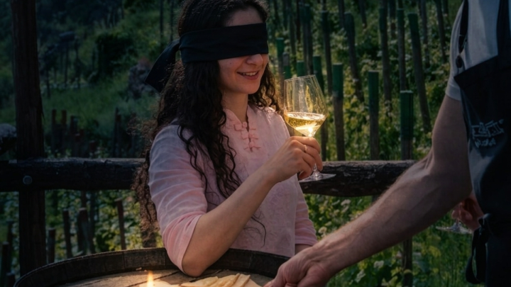 Giovane donna bendata sorseggia un calice di vino.