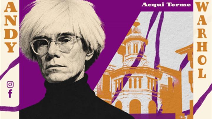 Particolare della locandina dell'evento Ritratto fotografico di Andy Warhol e sullo sfondo stampa rappresentante la Bollente, fonte di Acqui terme