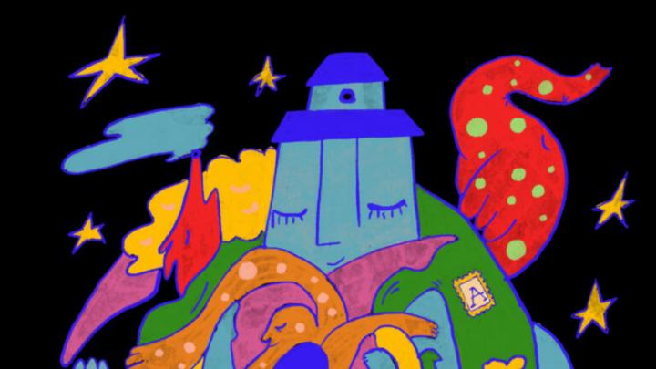 Illustrazionme con edificio personificato su collina composta da figure fantastiche, in alto cielo nero con stelle