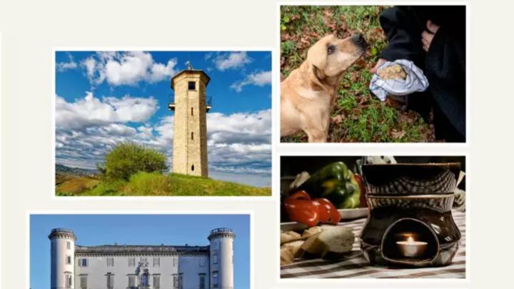 Particolari di quattro fotografie riguardanti il  territorio astigiano: la bagna cauda, architetture, un cane da tartufi 