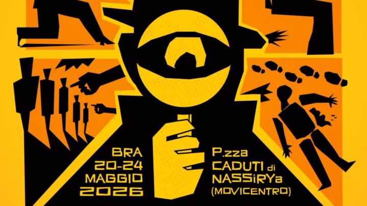 Particolare della locandina Illustrazione: sagoma di detective con lente e cappello, figure di contorno