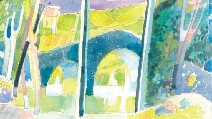 Locandina della mostra su Ido Novello, particolare Dipinto di Ido Novello con antico ponte e alberi