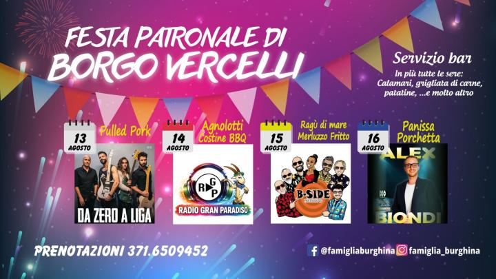 Banner dell'evento dal profilo Facebook "Famiglia Burghina" Grafica con titolo e illustrazione con bandierine, 4 foto di gruppi musicali che si esibiscono
