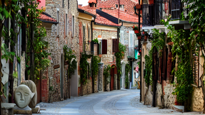 Strada di un borgo con case in pietra, vegetazione e  fiori sulle facciate
