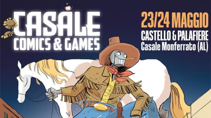 Illustrazione con cowboy fantasma  vicino al suo cavallo, sullo sfondo edifici, titolo e informazioni