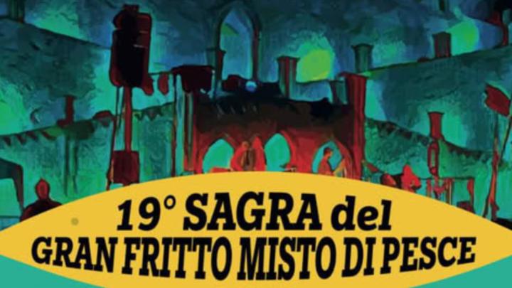 Particolare della locandina dell'evento Titolo entro cartiglio a forma di pesce, in alto illustrazione con scalinata scenografica a Castagnole Monferrato