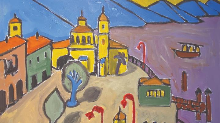 Particolare di dipinto con piazza e chiesa affacciate su un lago con attracco