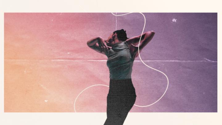 Immagine digitale con sagoma di danzatrice, sullo sfondo colori cangianti e disegno astratto