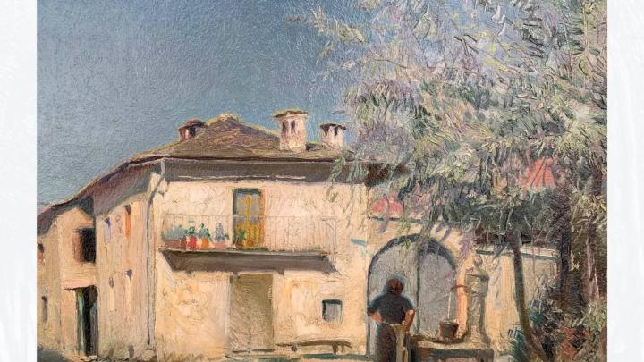 Particolare di un dipinto di Giulio Boetto dalla locandina della mostra Particolare di dipinto a olio con case rurali e donna a una fontana