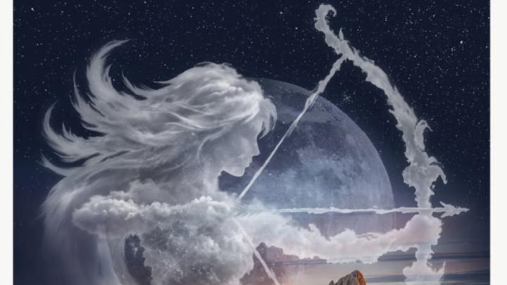 Particolare di opera in mostra, dall'invito all'inaugurazione Immagine artistica con donna in atto di scoccare una freccia con l'arco, a forma di nube, nella notte stellata, con sfondo di montagne