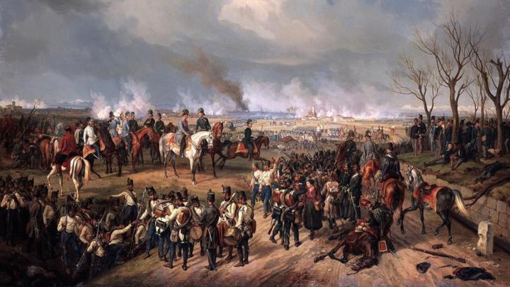 Dipinto ottocentesco con truppe austriache e italiane in campo aperto e sullo sfondo la città di Novara