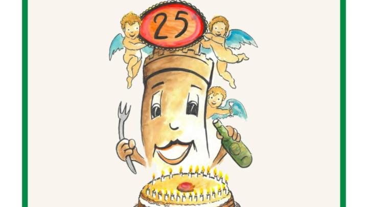 Illustrazione con una torre personificata, con in cima il numero 25 dell'edizione, le posate nelle mani, e in basso una torta con candeline