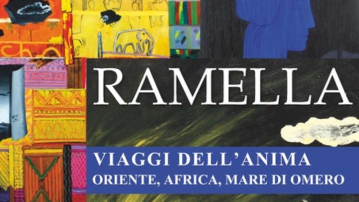 Titolo e collage fotografico di diversi quadri di Ramella: volto femminile, elementi astratti e naturalistici