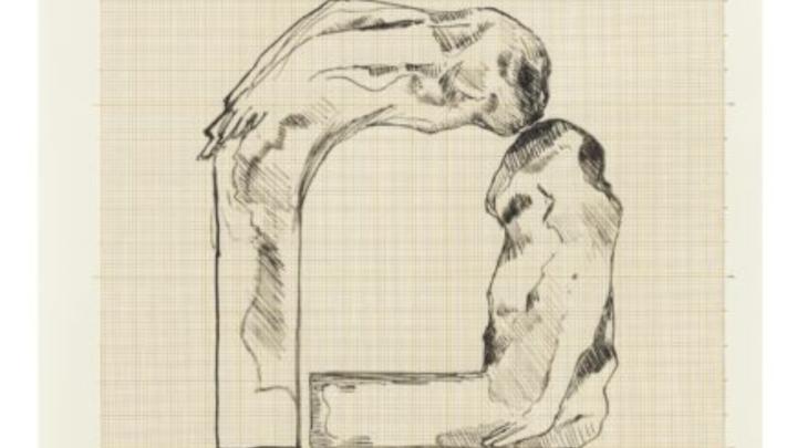 Particolare di fotografia di un disegno di artista contemporanea su carta millimetrata