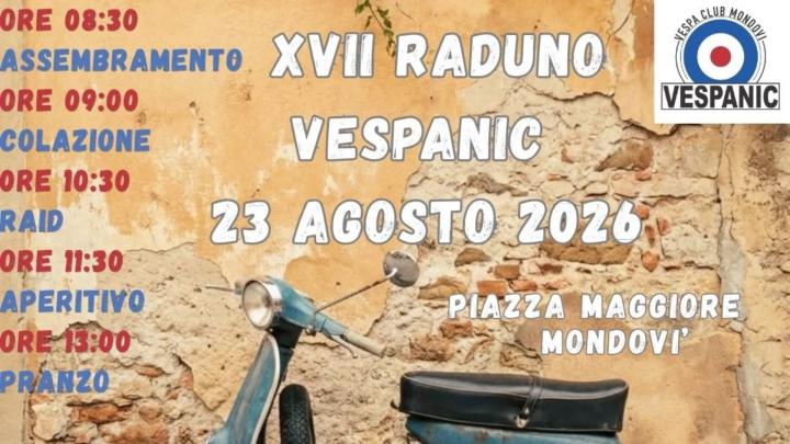 Titolo e orario degli appuntamenti, sullo sfondo una foto di una Vespa parcheggiata presso un antico muro intonacato