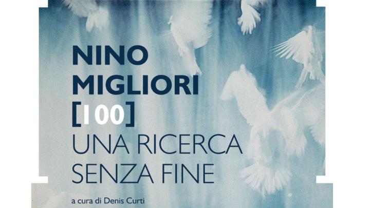 Titolo e informazioni tra parentesi quadre, sullo sfondo fotografia di Nino Migliori con uccelli in volo e fasci di luce