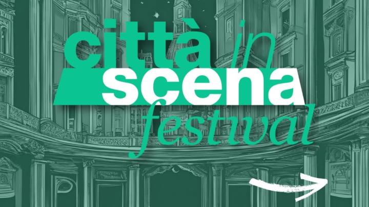 Particolare della locandina della mostra Titolo e sfondo con illustrazione architettonica ispirata alla città di Novara, di colore verde