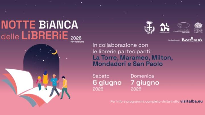 Logo con una famiglia che cammina su un libro gigante, titolo e informazioni, altri loghi
