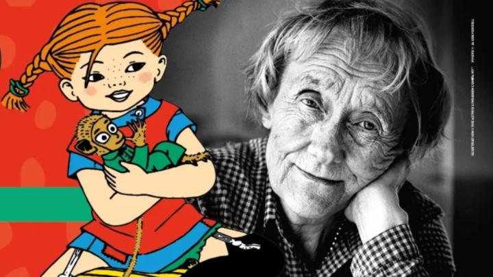 Disegno rappresentante la ragazzina dai capelli rossi a trecce Pippi Calzelunghe e ritratto fotografico  della scrittrice  Astrid Lindgren 