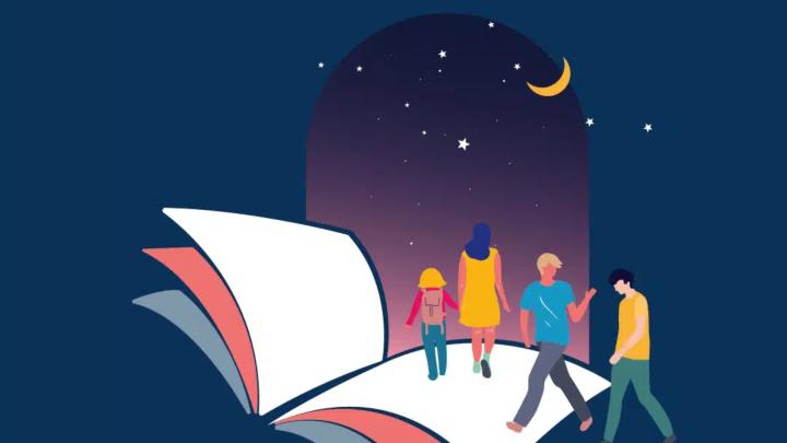 Illustrazione: gruppo di persone che camminano su un grande libro ed entrano attraverso una porta con cielo stellato notturno