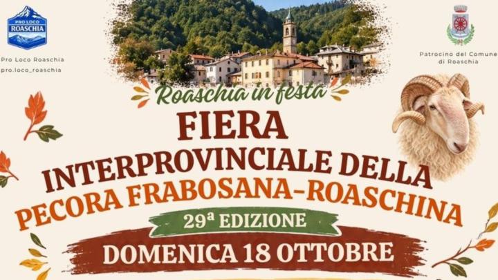 Locandina, particolare Titolo, loghi, stemma e veduta di Roaschia, illustrazione con testa di pecora