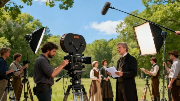 Set cinematografico con apparecchiature d'epoca e personaggi in abiti contemporanei e ottocenteschi