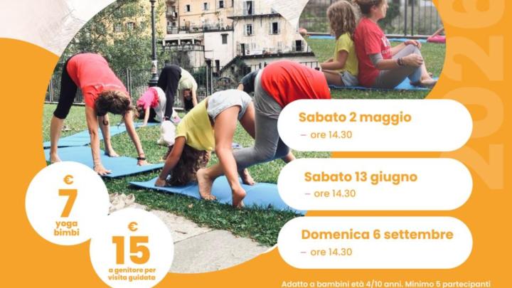 Grafica con informazioni, foto circolari con bambini e adulti che fanno yoga all'aperto