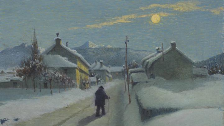 Dipinto di Camillo Besana, dal sito santamariamaggiore.info Dipinto a olio rappresentante il borgo di Malesco in Val Vigezzo sotto la neve, con un uomo sulla via al centro