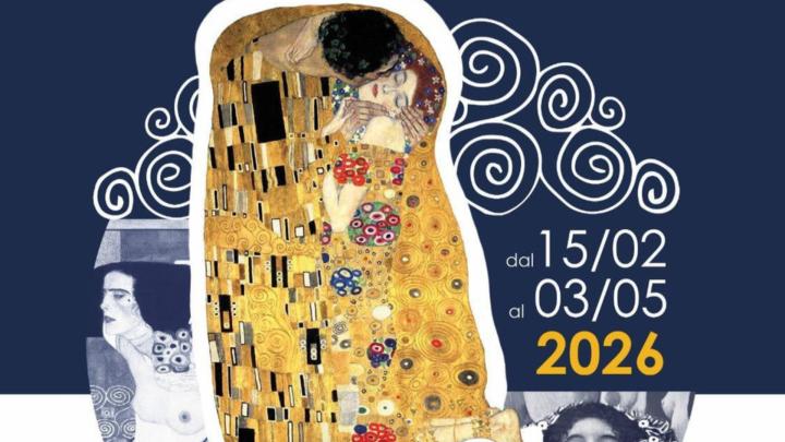 Composizione grafica con fotografie di dipinti di Klimt fra cui "Il bacio", date della mostra  