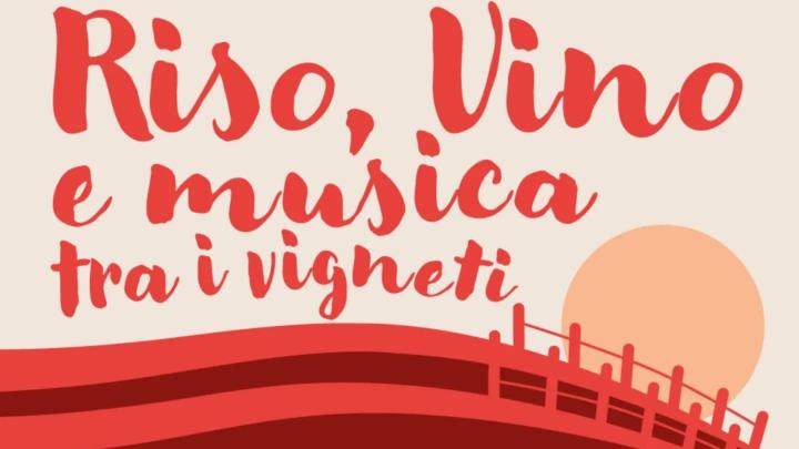 Particolare della locandina dell'evento Illustrazione con legenda in corsivo e sole al tramonto su vigneti in collina