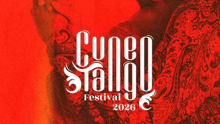 Logo con titolo in lettere allungate e, sullo sfondo, una coppia di ballerini di tango in una fotografia virata in rosso