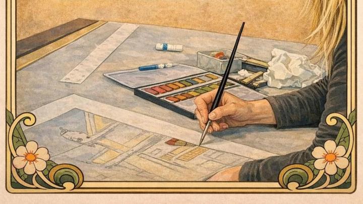 Particolare di acquerello: una giovane donna bionda dipinge ad acquerello entro cornice Llibertyty