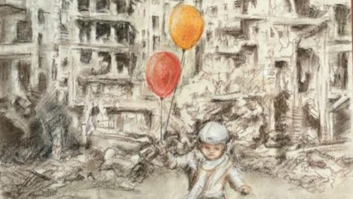 Particolare di un disegno con un bambino che regge palloncini gonfiati fra le macerie di palazzi