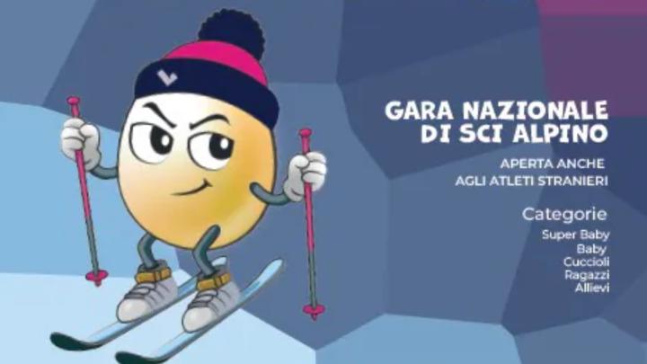 Illustrazione con uovo personificato sugli sci, scritte