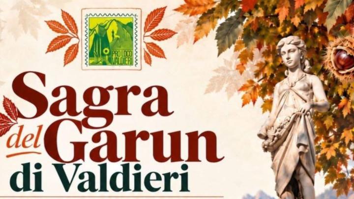Particolare della locandina Titolo, francobollo e statua fra ricci di castagna e foglie di castagno