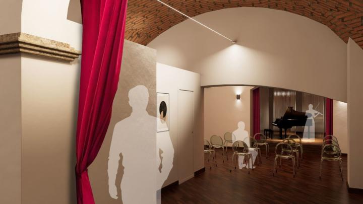 Sala da concerto con pianoforte, con sagome di spettatore e violinista
