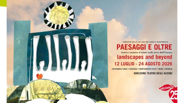 Illiustrazione con figure umane stilizzate che levano le braccia verso il sole, grafica