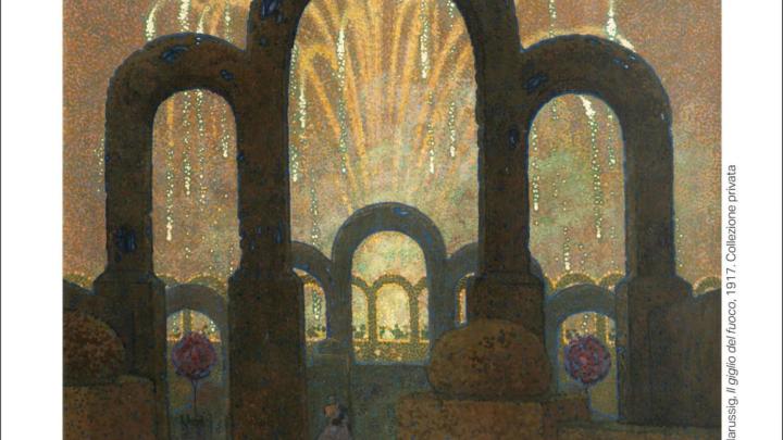 Particolare della locandina della mostra con dipinto di Guido Marussig, 1917, collezione privata Particolare di dipinto divisionista con fuochi d'artificio vista attraverso archi di verzura in un parco di notte