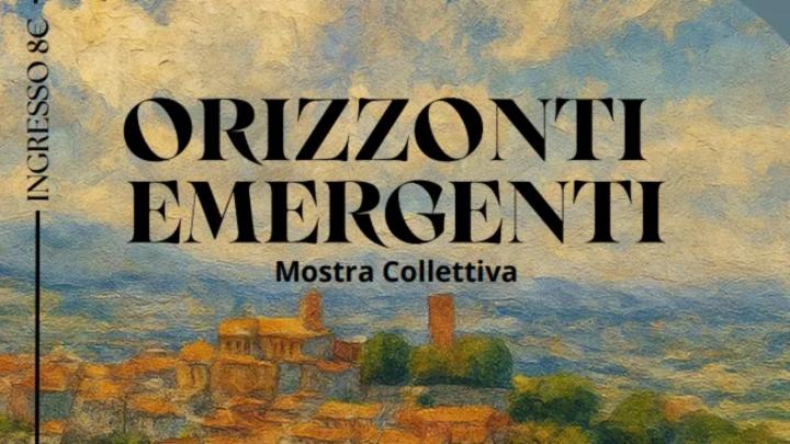 partioclare della locandina della mostra "Orizzonti emergenti" Titolo e particolare di paesaggio dipinto con borgo collinare