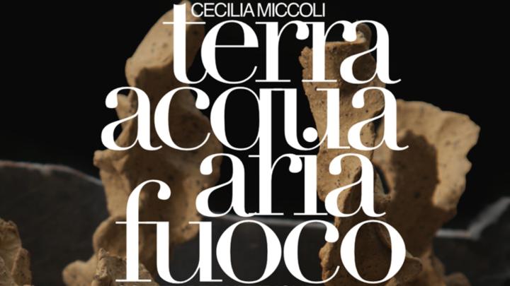 Partciolare della logandina della mostra Titolo e fotografia di scultura sullo sfondo