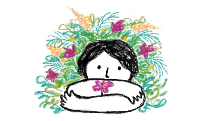 Immagine per l'edizione 2026 del festival, dal sito https://www.profondoumano.it/ Disegno a colori: un bambino con un fiore tra le mani, dieto di lui fiori e foglie