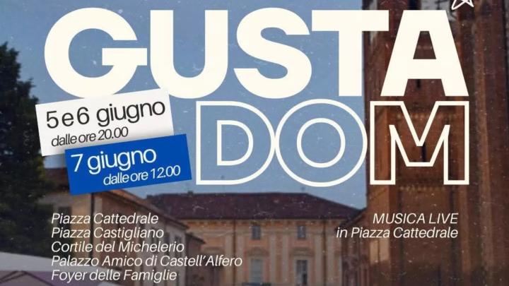 Locandina di Gustadom 2026, particolare Foto con campanile della Cattedrale di asti, titolo con luoghi e date
